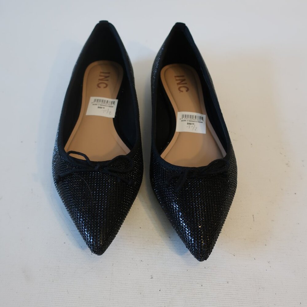 INC International Concepts Black Pointed Toe Sparkle Flats with Bow